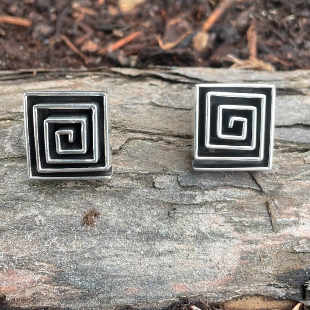 Oxidized Silver Square Maze Spiral Modernist Post Earrings